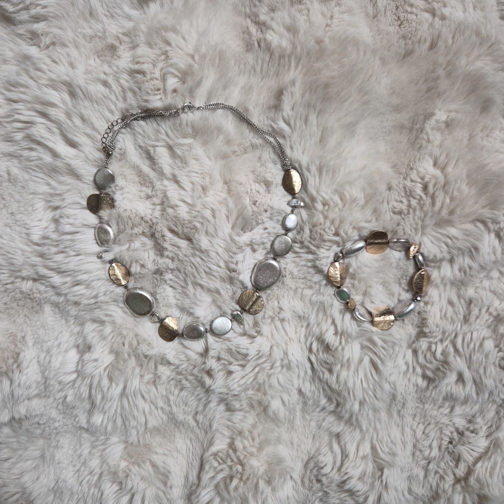 Vintage Jewelry Set Necklace Bracelet Small Stone Rock Pebble Like Beads Antique